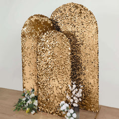 5ft Sparkly Gold Double Sided Big Payette Sequin Chiara Backdrop Stand Cover For Fitted Round Top Wedding Arch
