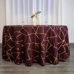120" Burgundy Seamless Round Polyester Tablecloth With Gold Foil Geometric Pattern for 5 Foot Table With Floor-Length Drop