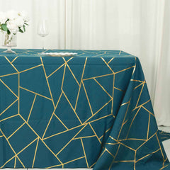 90"x132" Peacock Teal Seamless Rectangle Polyester Tablecloth With Gold Foil Geometric Pattern for 6 Foot Table With Floor-Length Drop