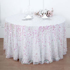 120" Iridescent Seamless Big Payette Sequin Round Tablecloth Collection for 5 Foot Table With Floor-Length Drop