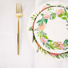 25-Pack Paper 9" Round Dinner Plates in White with Rose/Peony Flower Wreath - Disposable Party Plates for Bridal Showers & Garden Parties