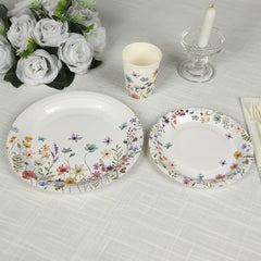 72 Pcs Paper Plates and Cups Set in White with Wildflower Butterfly Print - Disposable Party Supplies for Spring & Garden Themes