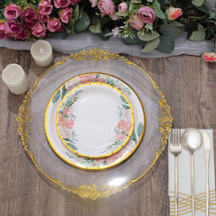 25-Pack Paper 9" Round Dinner Plates White with Peony Floral Design & Gold Rim - Disposable Floral Party Plates for Brunches & Afternoon Teas