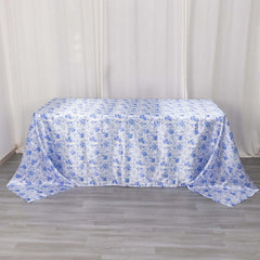 Satin Round 90"x132" Tablecloth White/Blue French Toile Design - Seamless Stylish & Wrinkle-Resistant Table Cover
