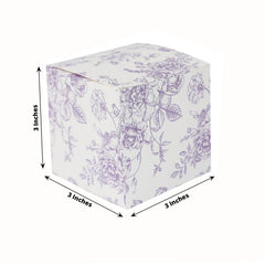 25 Pack Candy Treat Favor Boxes in French Toile Pattern - Matte Lavender and White Party Gift Boxes, Cardstock Paper - 3"x3"