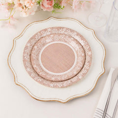 25-Pack Paper 7" Round Dessert Plates in Natural Burlap Print with Floral Lace Rim - Disposable Rustic Appetizer Salad Plates for Farmhouse Weddings & Celebrations