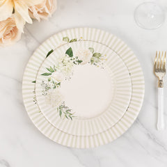 25-Pack Paper 8" Round Dessert Plates in White with Sage Green Floral Print & Lined Rim - Disposable Appetizer Salad Party Plates for Garden Celebrations & Springtime Gatherings