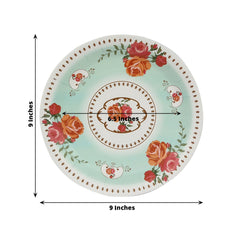 25-Pack Paper 9" Round Dinner Plates in Turquoise with Vintage Rose Flower Print - Disposable Plates for High Tea Gatherings & Romantic Celebrations