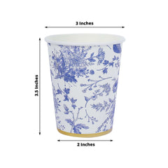 24 Pack Disposable Paper Cups in White Royal Blue French Toile Pattern with Gold Rim, Elegant Party Cups - 9oz
