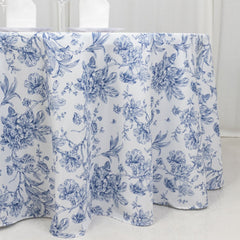 Polyester 120" Round Tablecloth White - Blue French Toile Pattern for Chic Weddings