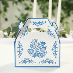 25 Pack Candy Gift Tote Gable Boxes in White Royal Blue Damask Floral Pattern, Party Favor Treat Boxes - 6"x3.5"x7"