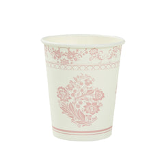 24 Pack Disposable Paper Cups in White Pink French Toile Pattern, Elegant Party Cups - 9oz