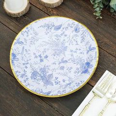 25-Pack Paper 9" Round Dinner Plates in White with Light Blue French Toile Pattern & Gold Rim - Disposable Party Plates for Picnics & Chic Brunches