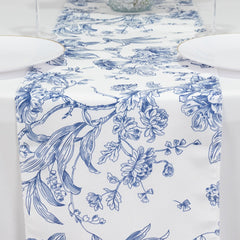 Polyester Table Runner 12"x108" White with Blue French Toile Floral Print - Stylish Reusable Table Décor