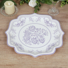 25-Pack Paper Dinner Plates in White Lavender Lilac Damask Floral Print & Scallop Rim - Stylish Disposable 300GSM Floral Party Plates 10"