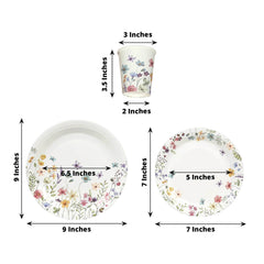 72 Pcs Paper Plates and Cups Set in White with Wildflower Butterfly Print - Disposable Party Supplies for Spring & Garden Themes