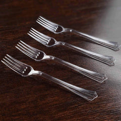 25 Pack 7" Clear Heavy Duty Disposable Forks with Fluted Handles, Plastic Silverware