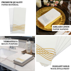 25 Pack Linen-Like Paper 8"x4" Napkins White with Metallic Silver Foil Wave Design - Soft & Absotbent Airlaid Hand Towels