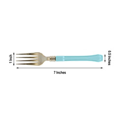 24-Pack Plastic Forks Gold with Light Blue Handles - Durable Food Safe Disposable Silverware for Lunch Buffets & Catering Services 7"