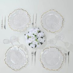 6-Pack Plastic Round Charger Plates 12" in Clear Reef Design with Gold Rim, Decorative Dinner Party Serving Plates