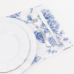 5 Pack Polyester 20"x20" Dinner Napkins White with Blue French Toile Pattern - Reusable Floral Cloth Napkins