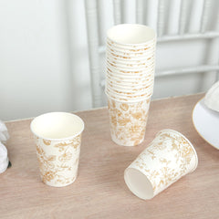 24-Pack Paper Cups in White with Gold French Toile Print - Stylish Disposable Floral Party Cups for Weddings & All Purpose Use 9oz