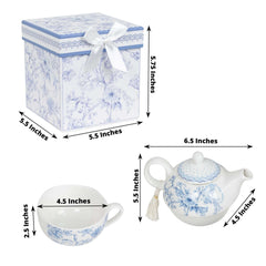 White Blue French Toile Bridal Shower Gift Set, Porcelain Teapot and Cup Set with Matching Keepsake Gift Box