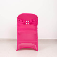 Stretch Spandex Chair Cover Fuchsia for Folding Chairs - Secure Fit Slipcover with Silver Rhinestone Buckled Sash Band