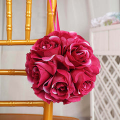 2 Pack 7" Fuchsia Artificial Silk Rose Kissing Ball, Flower Ball