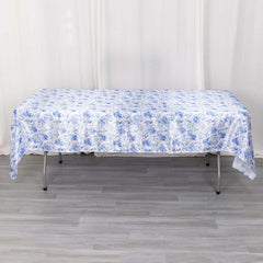 Satin Round 60"x102" Tablecloth White/Blue French Toile Design - Stylish & Wrinkle-Resistant Table Cover