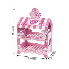 2-Tier Cardboard Cupcake Stand with White/Pink Sweet Shop Design - Colorful Candy Themed Dessert Cart Display for Pastries & Treats 18"
