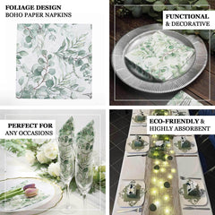 50-Pack Paper Beverage Napkins with Green Foliage Eucalyptus Leaves Design - 2 Ply Soft 18GSM Boho Wedding Napkins 6.5"x6.5"