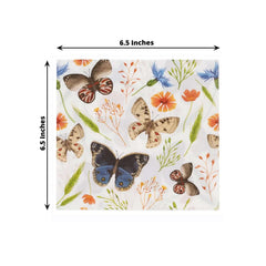 50-Pack Paper Beverage Napkins with Field Herbs and Butterfly Print Ivory - 2 Ply Disposable 18GSM Garden Party Napkins 5"x5"