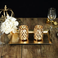2-Pack Votive Candle Holders Gold Metal Diamond Cut Geometric Design - Perfect for Home Décor and Events 4"