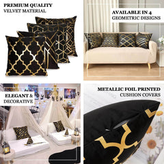 Set Of 4 18" Black Gold Foil Geometric Print Throw Pillow Covers, Velvet Square Sofa Cushion Covers