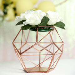 Tealight Candle Holder Rose Gold Metal Pentagon Prism Geometric Open Frame - Flower Stand 7"
