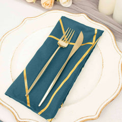 5 Pack Polyester 20"x20" Napkins Peacock Teal with Gold Geometric Foil Pattern - Modern Reusable Dinner Napkins