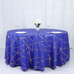 Polyester 120" Round Tablecloth Royal with Gold Foil Geometric Pattern Wrinkle-Resistant Seamless Table Cover