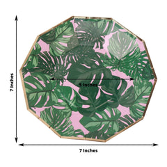 25-Pack Paper 7" Decagon Dessert Plates in Pink with Green Tropical Palm Leaves & Gold Rim - Disposable Geometric Appetizer Salad Plates for Boho Chic & Jungle Themed Events