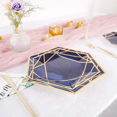 25-Pack Paper 7" Hexagon Dessert Plates in Navy Blue with Gold Geometric Lines & Rim - Stylish Disposable Geometric 300GSM Appetizer Salad Plates
