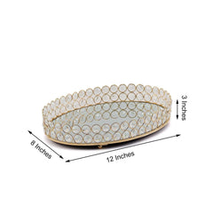 Metal Mirrored Oval Serving Tray 12"x8" in Gold with Crystal Beads, Glamorous Decorative Vanity Tray Centerpiece