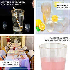 12-Pack Plastic Party Cups Clear Gold Glitter - Durable Disposable Tumblers for Drinks 17oz 5.5"