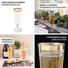 12-Pack Plastic Champagne Flutes Clear Gold Glittered with Gold Rim - Stylish Disposable Cocktail Glasses for Parties 5oz 6"