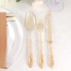 24-Pack Plastic Utensil Set Clear with Gold Glitter - Heavy Duty Disposable Silverware for Events