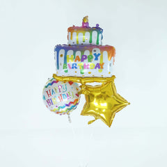 Set of 5 Colorful Happy Birthday Cake Mylar Foil Balloon Set, Round and Gold Star Balloon Bouquet With Ribbon, Birthday Party Decorations