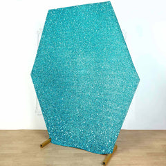 8ftx7ft Turquoise Metallic Shimmer Tinsel Spandex Hexagon Wedding Arbor Cover, 2-Sided Backdrop