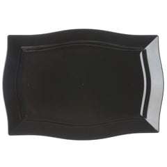 10-Pack Serving Plates Rectangular Design with Wave Trimmed Rim Glossy Black - Plastic Disposable Event Plates 12"