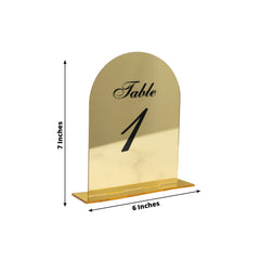 Gold Mirror Arch Acrylic Table Numbers (1-10) - 6"x7" Wedding Reception Signs with Black Print & Stands