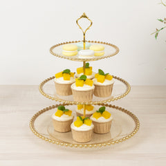 14" Clear Gold Glittered 3-Tier Plastic Dessert Display Stand With Gold Beaded Rim, Round Cupcake Tower Tea Party Serving Platter With Top Handle
