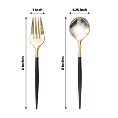 24-Pack Plastic Fork and Spoon Set Gold/Black - Heavy Duty Disposable Modern Utensils 6"